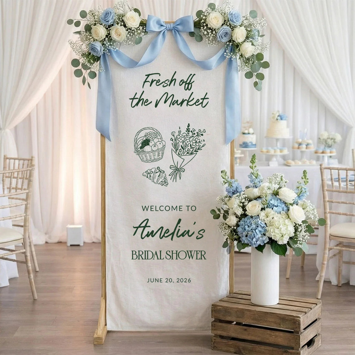 Farmers Market Bridal Shower Banner Stand Personalized Bridal Shower Welcome Sign Custom Name Linen Decor