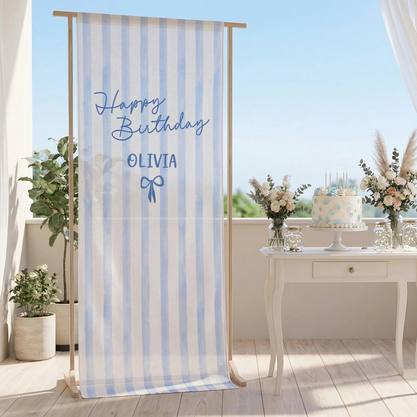Striped Birthday Tapestry Personalized Custom Name Blue Stripe Birthday Banner Minimalist Party Decor
