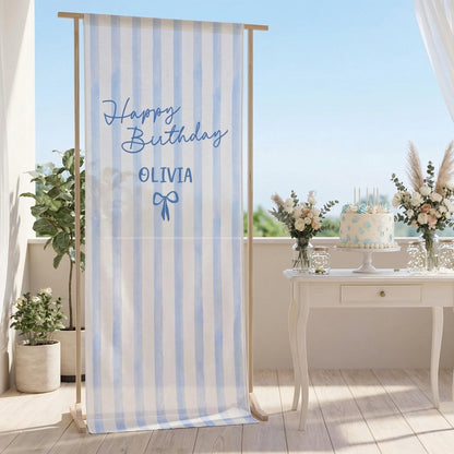 Striped Birthday Tapestry Personalized Custom Name Blue Stripe Birthday Banner Minimalist Party Decor
