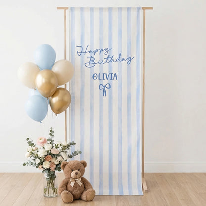 Striped Birthday Tapestry Personalized Custom Name Blue Stripe Birthday Banner Minimalist Party Decor