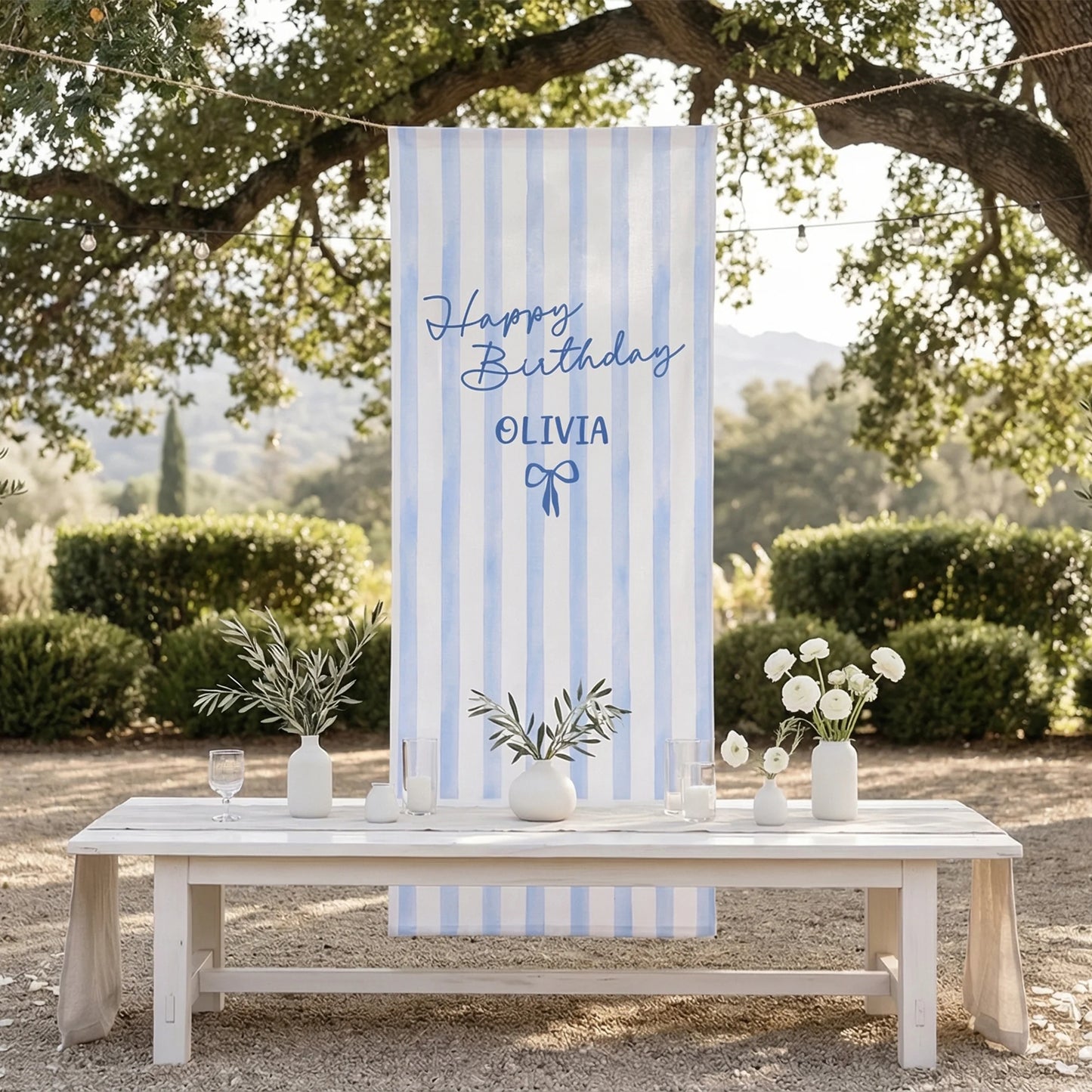 Striped Birthday Tapestry Personalized Custom Name Blue Stripe Birthday Banner Minimalist Party Decor