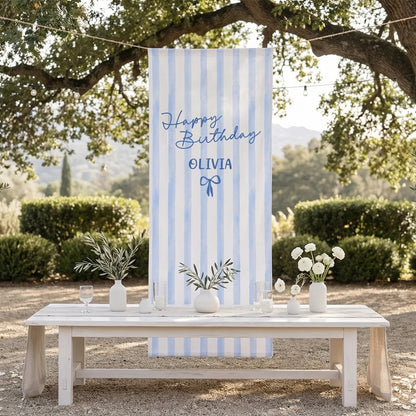 Striped Birthday Tapestry Personalized Custom Name Blue Stripe Birthday Banner Minimalist Party Decor