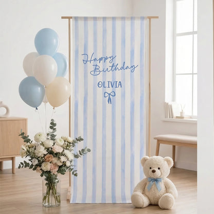 Striped Birthday Tapestry Personalized Custom Name Blue Stripe Birthday Banner Minimalist Party Decor