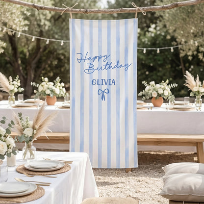Striped Birthday Tapestry Personalized Custom Name Blue Stripe Birthday Banner Minimalist Party Decor