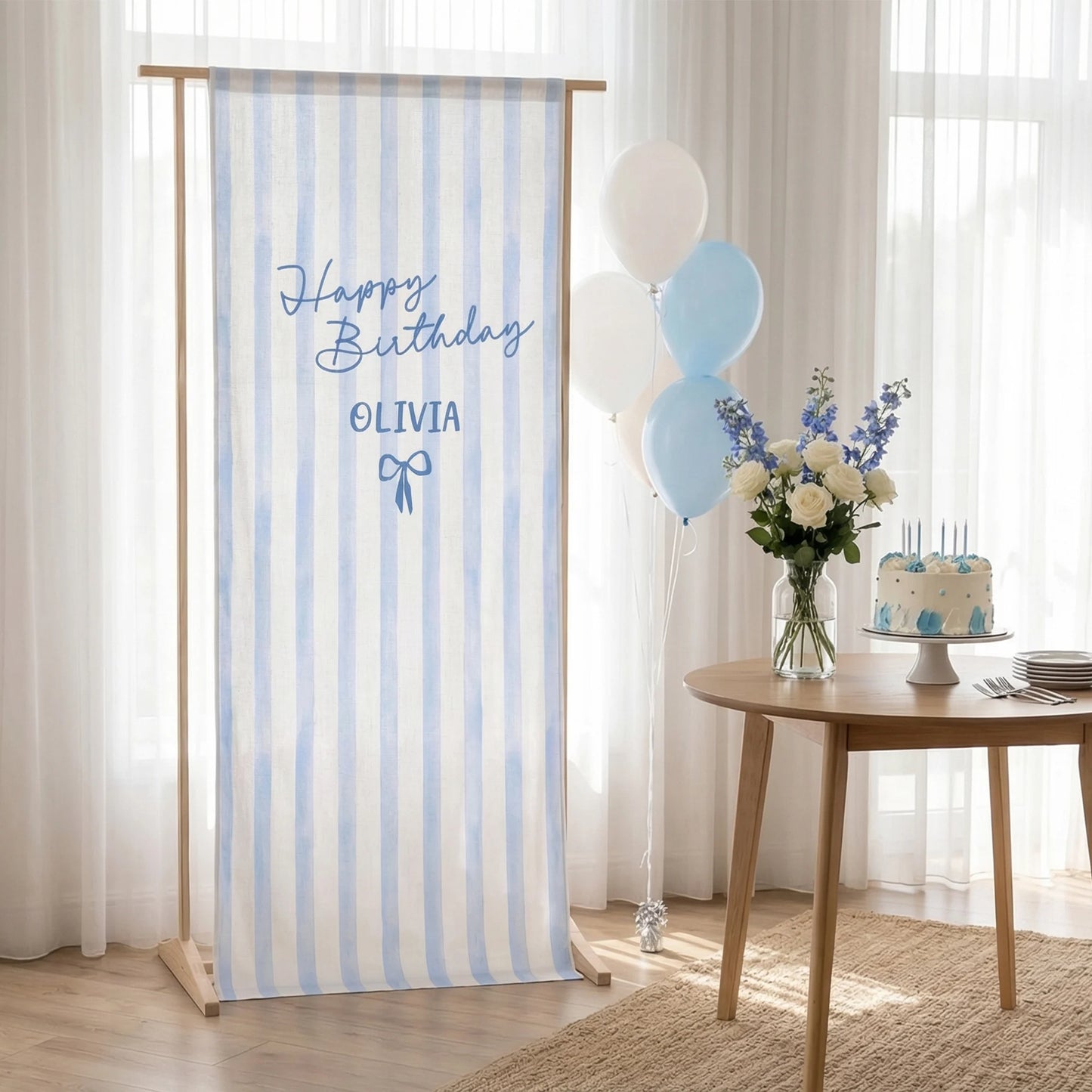 Striped Birthday Tapestry Personalized Custom Name Blue Stripe Birthday Banner Minimalist Party Decor