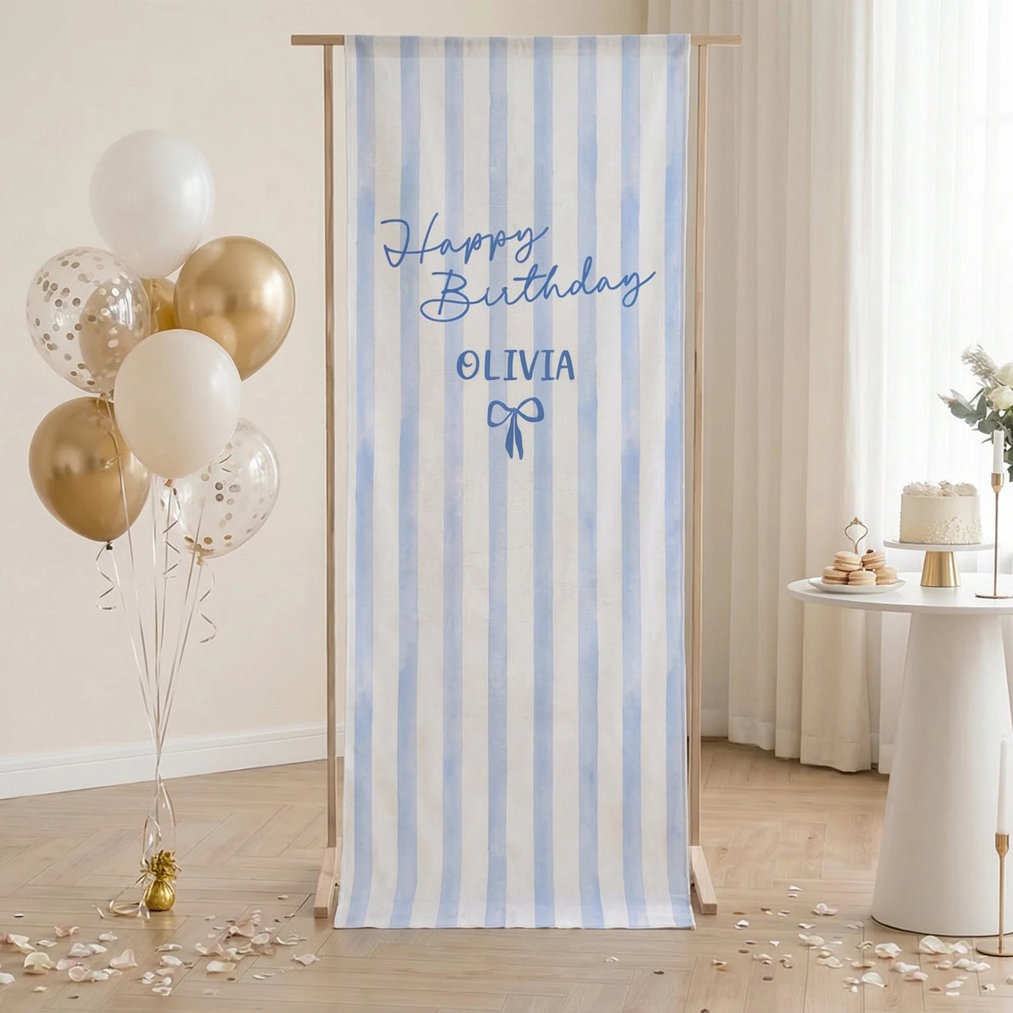Striped Birthday Tapestry Personalized Custom Name Blue Stripe Birthday Banner Minimalist Party Decor