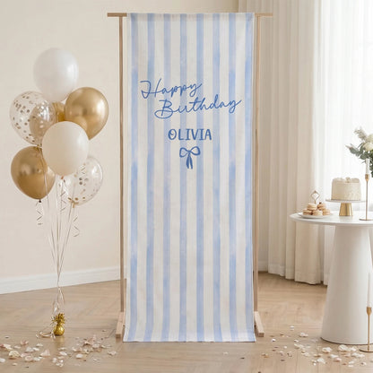 Striped Birthday Tapestry Personalized Custom Name Blue Stripe Birthday Banner Minimalist Party Decor