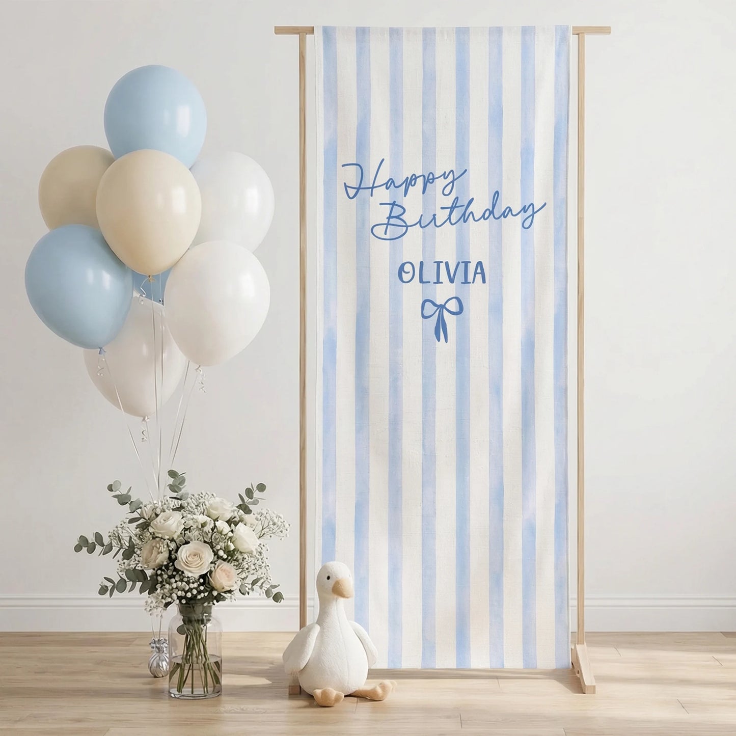 Striped Birthday Tapestry Personalized Custom Name Blue Stripe Birthday Banner Minimalist Party Decor