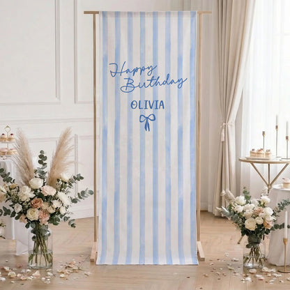 Striped Birthday Tapestry Personalized Custom Name Blue Stripe Birthday Banner Minimalist Party Decor