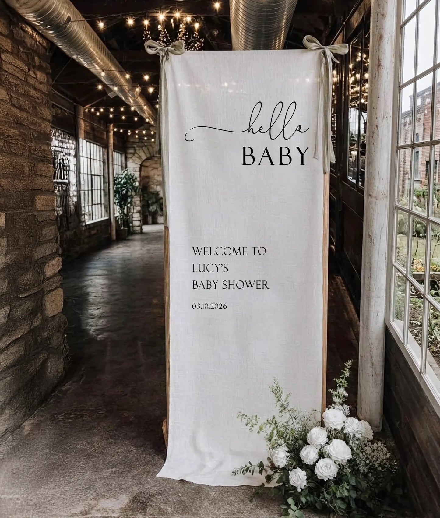 Hello Baby Shower Banner Personalized Baby Shower Welcome Sign Custom Name Linen Party Backdrop