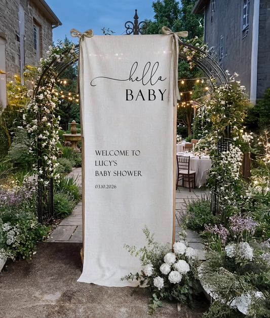 Hello Baby Shower Banner Personalized Baby Shower Welcome Sign Custom Name Linen Party Backdrop