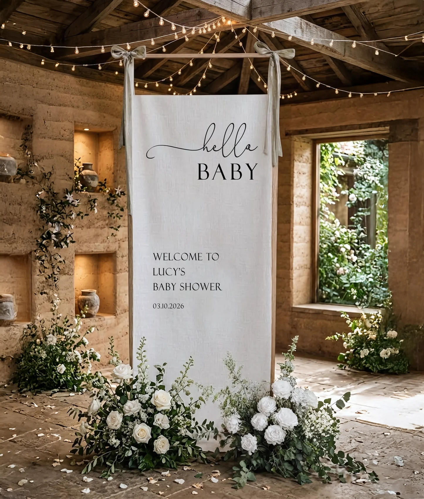 Hello Baby Shower Banner Personalized Baby Shower Welcome Sign Custom Name Linen Party Backdrop