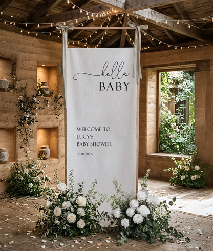 Hello Baby Shower Banner Personalized Baby Shower Welcome Sign Custom Name Linen Party Backdrop