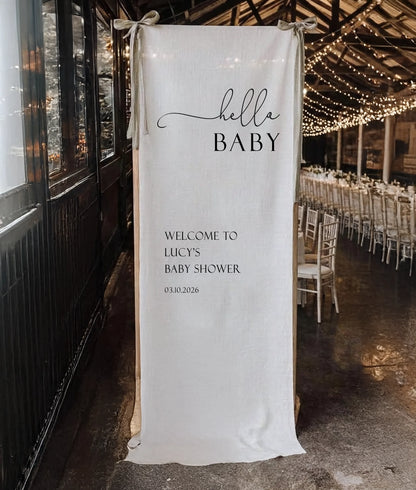 Hello Baby Shower Banner Personalized Baby Shower Welcome Sign Custom Name Linen Party Backdrop