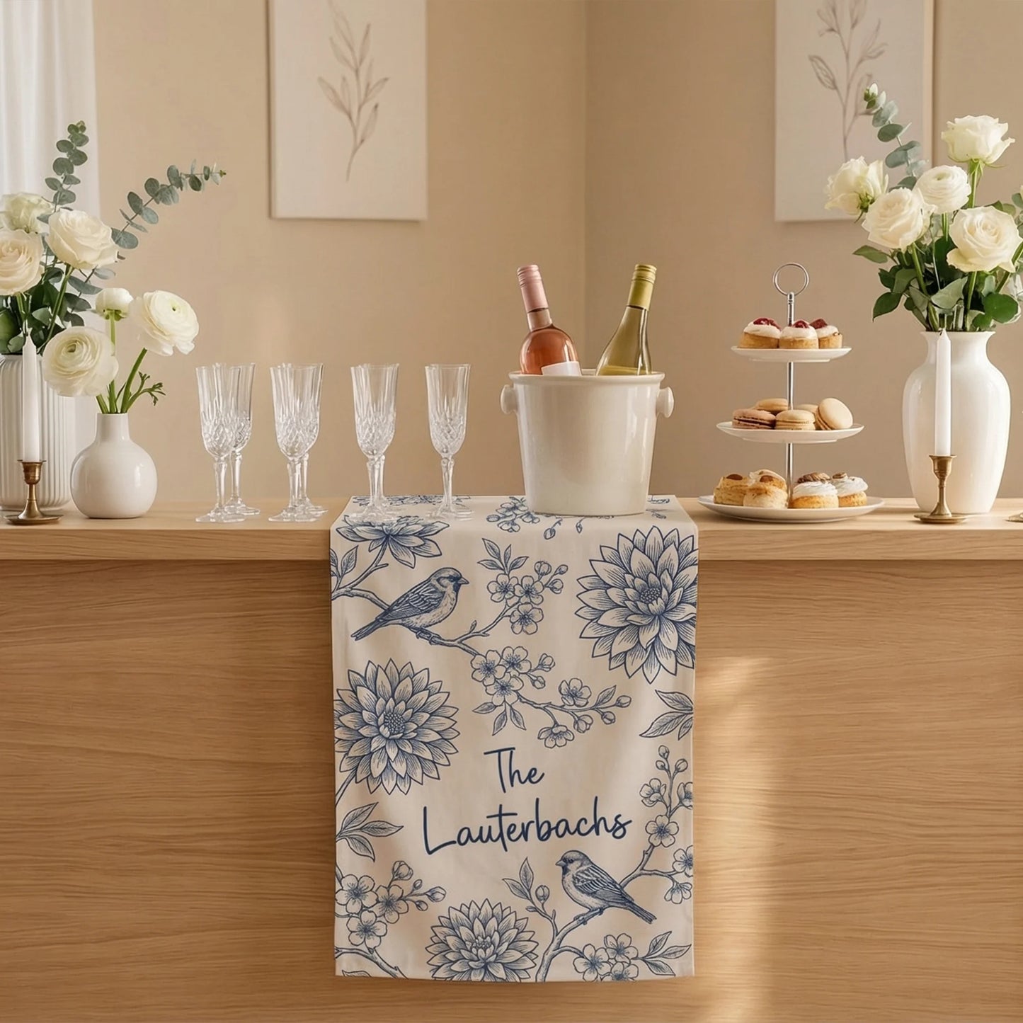 Blue Floral Wedding Bar Runner Personalized Custom Family Name Reception Bar Linen Table Runner