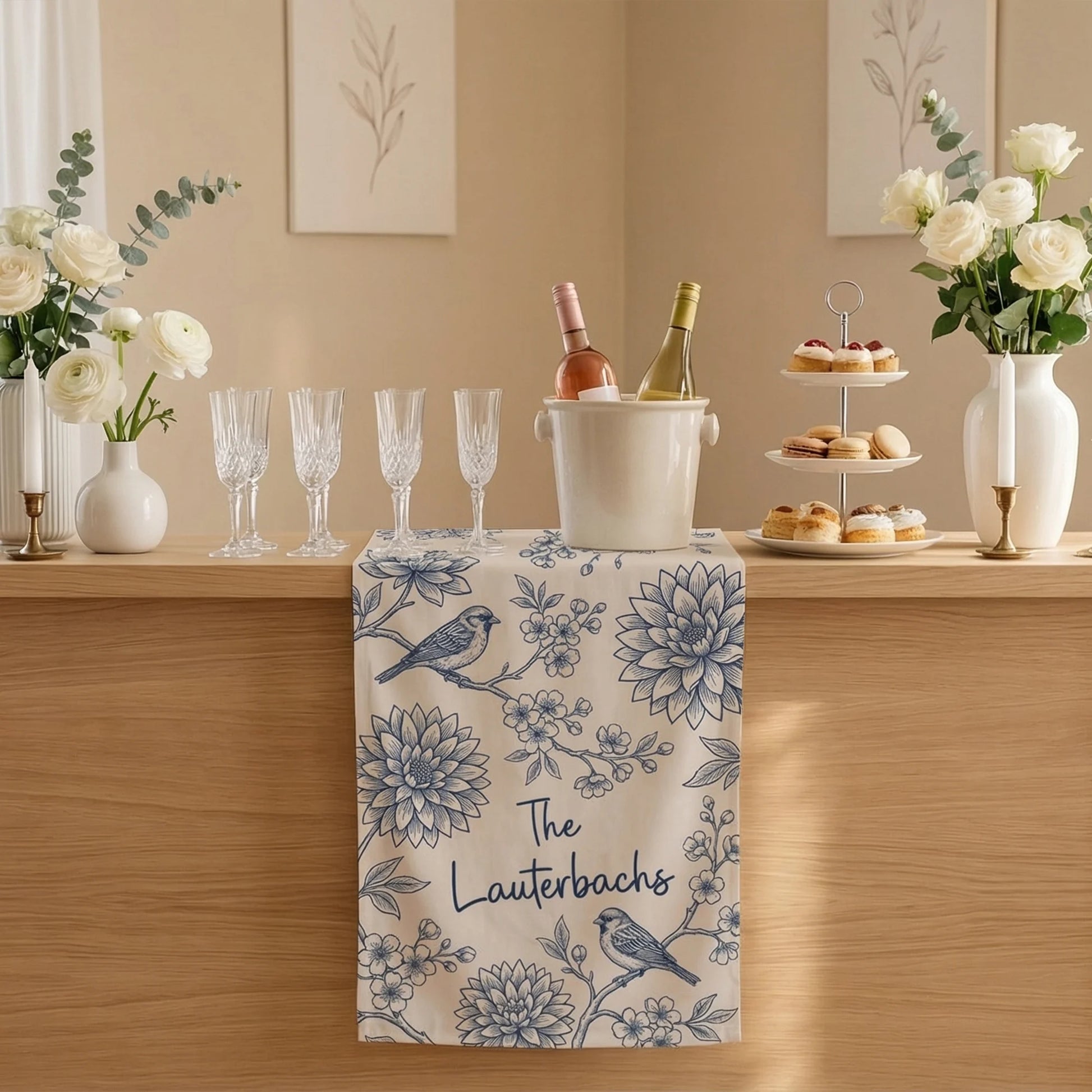 Blue Floral Wedding Bar Runner Personalized Custom Family Name Reception Bar Linen Table Runner