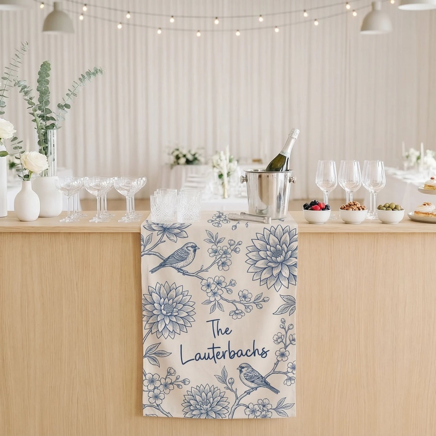 Blue Floral Wedding Bar Runner Personalized Custom Family Name Reception Bar Linen Table Runner