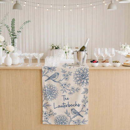 Blue Floral Wedding Bar Runner Personalized Custom Family Name Reception Bar Linen Table Runner