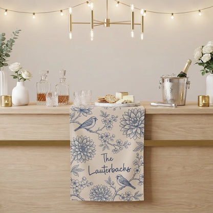 Blue Floral Wedding Bar Runner Personalized Custom Family Name Reception Bar Linen Table Runner