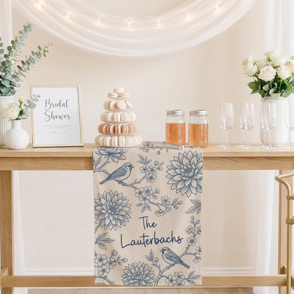 Blue Floral Wedding Bar Runner Personalized Custom Family Name Reception Bar Linen Table Runner