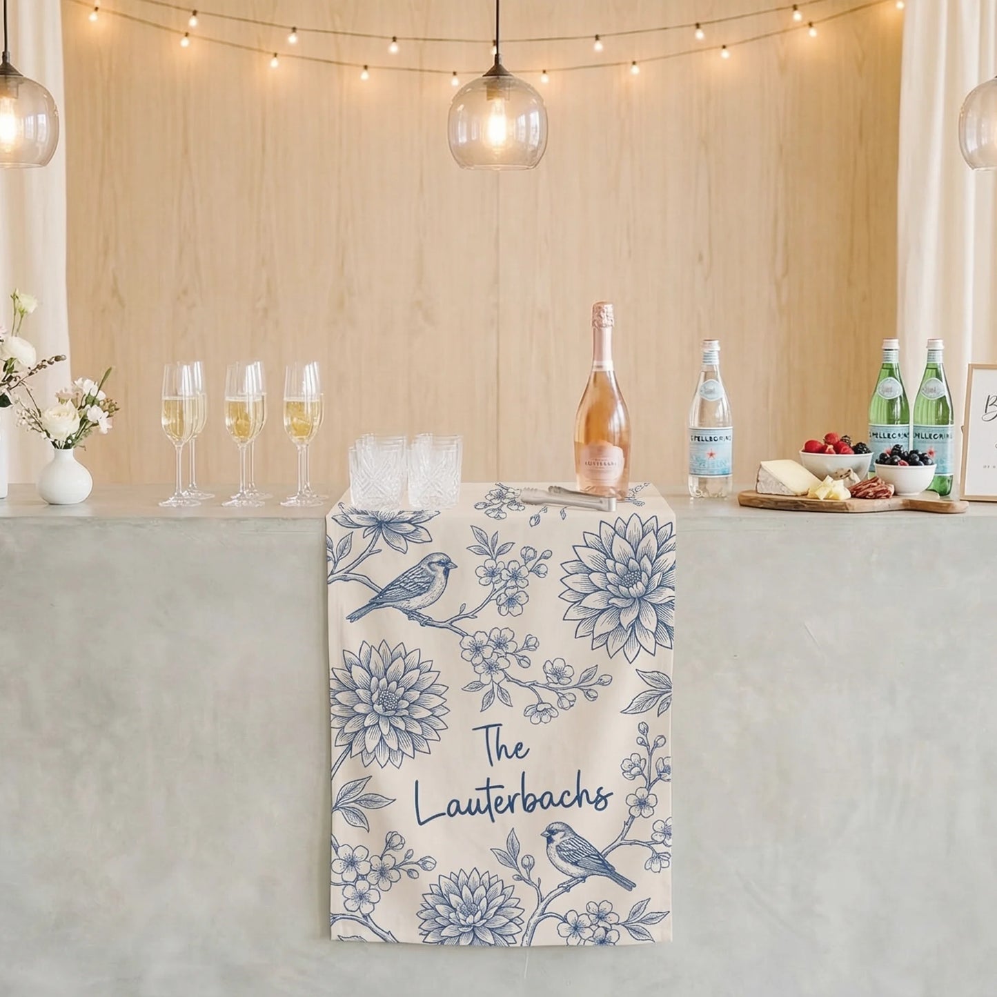 Blue Floral Wedding Bar Runner Personalized Custom Family Name Reception Bar Linen Table Runner