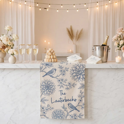 Blue Floral Wedding Bar Runner Personalized Custom Family Name Reception Bar Linen Table Runner