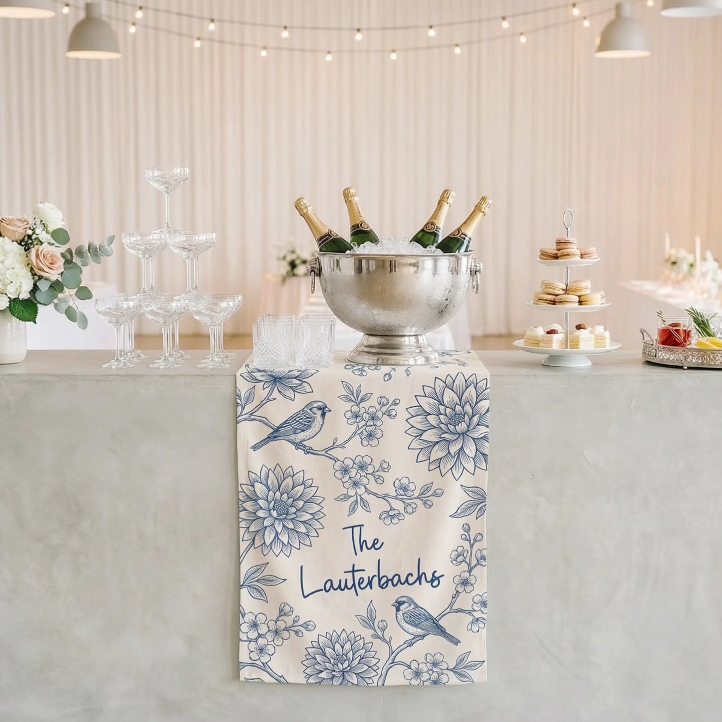 Blue Floral Wedding Bar Runner Personalized Custom Family Name Reception Bar Linen Table Runner