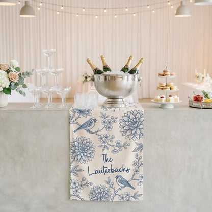 Blue Floral Wedding Bar Runner Personalized Custom Family Name Reception Bar Linen Table Runner