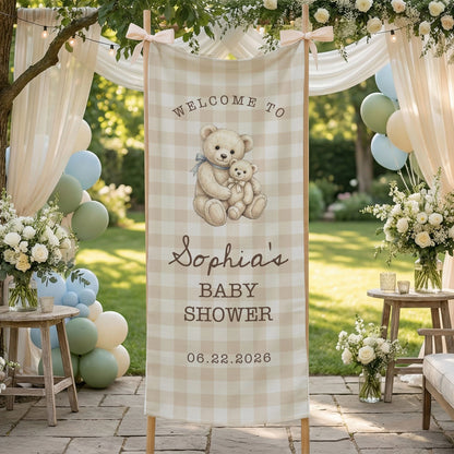 Teddy Bear Baby Shower Banner Personalized Baby Shower Tapestry Custom Name Neutral Baby Shower Backdrop
