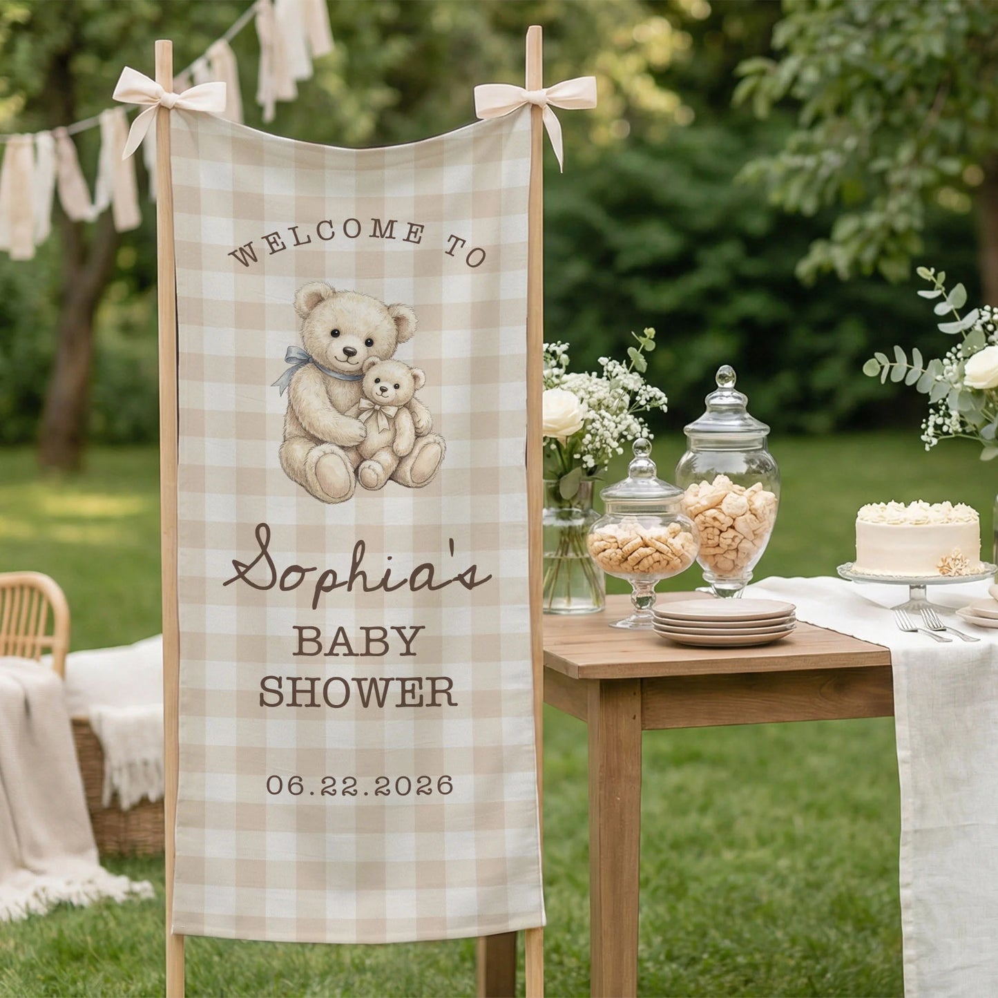 Teddy Bear Baby Shower Banner Personalized Baby Shower Tapestry Custom Name Neutral Baby Shower Backdrop