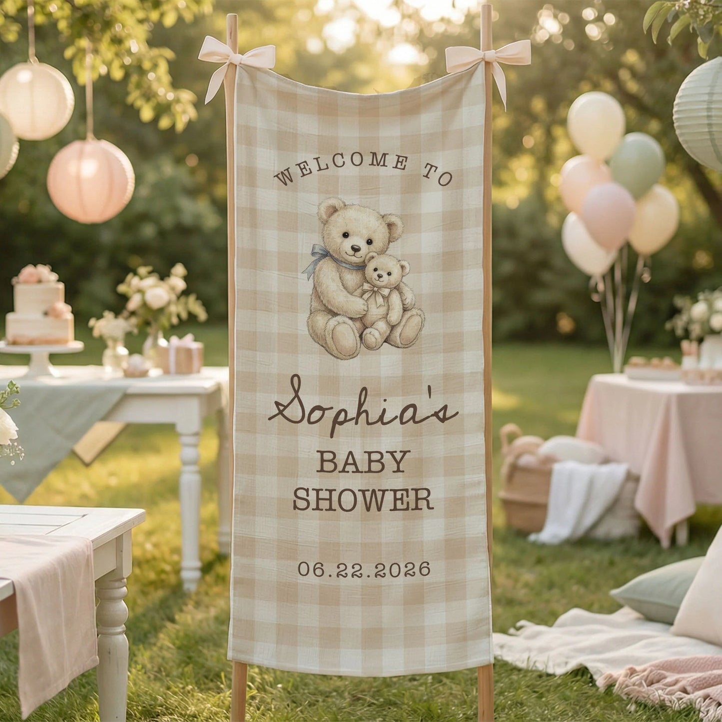 Teddy Bear Baby Shower Banner Personalized Baby Shower Tapestry Custom Name Neutral Baby Shower Backdrop