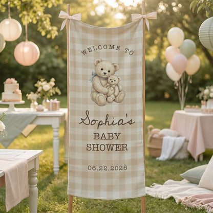 Teddy Bear Baby Shower Banner Personalized Baby Shower Tapestry Custom Name Neutral Baby Shower Backdrop