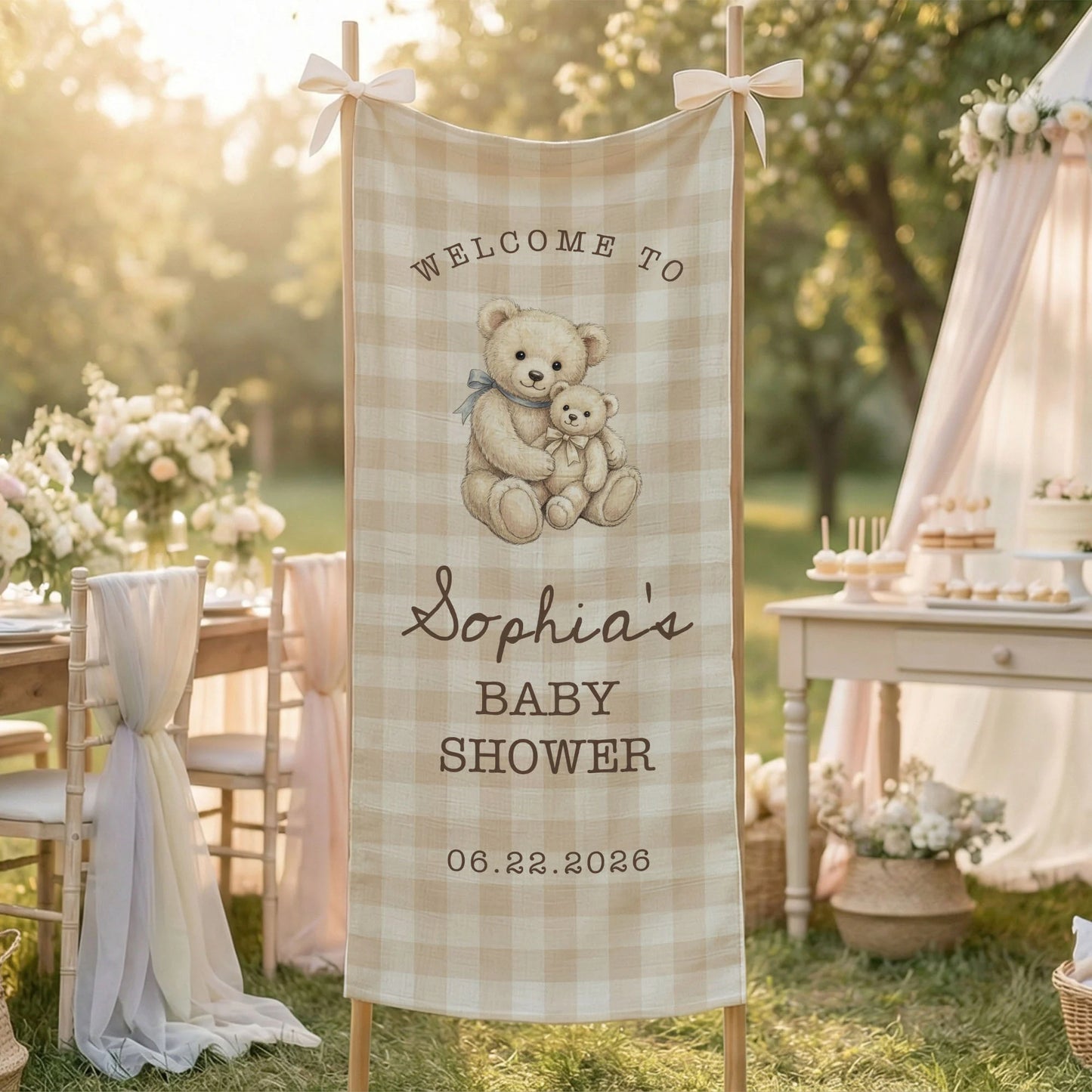 Teddy Bear Baby Shower Banner Personalized Baby Shower Tapestry Custom Name Neutral Baby Shower Backdrop