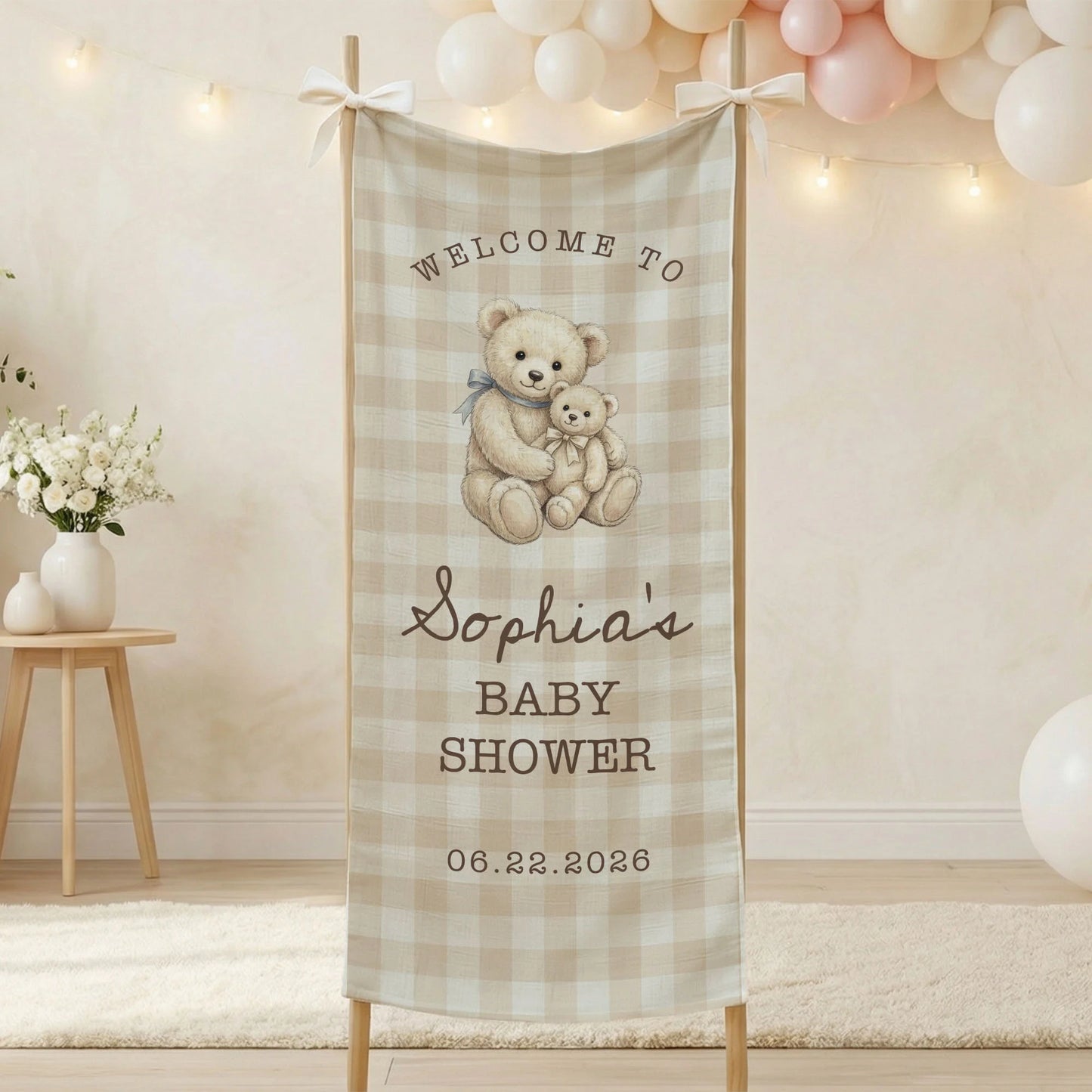 Teddy Bear Baby Shower Banner Personalized Baby Shower Tapestry Custom Name Neutral Baby Shower Backdrop