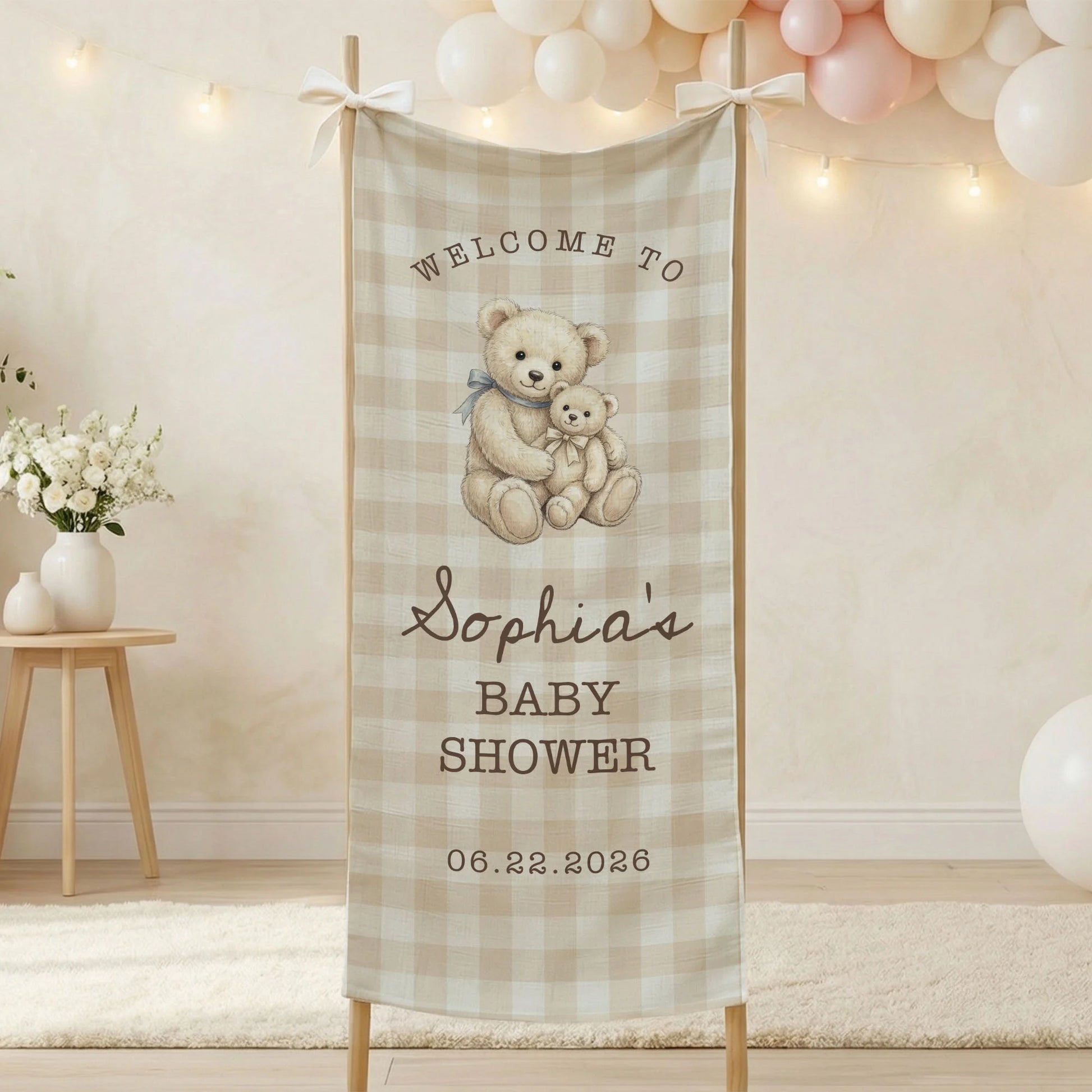 Teddy Bear Baby Shower Banner Personalized Baby Shower Tapestry Custom Name Neutral Baby Shower Backdrop