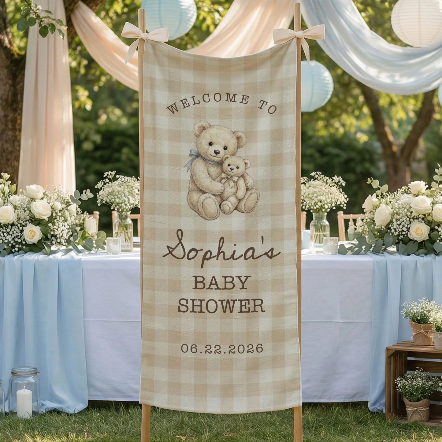 Teddy Bear Baby Shower Banner Personalized Baby Shower Tapestry Custom Name Neutral Baby Shower Backdrop