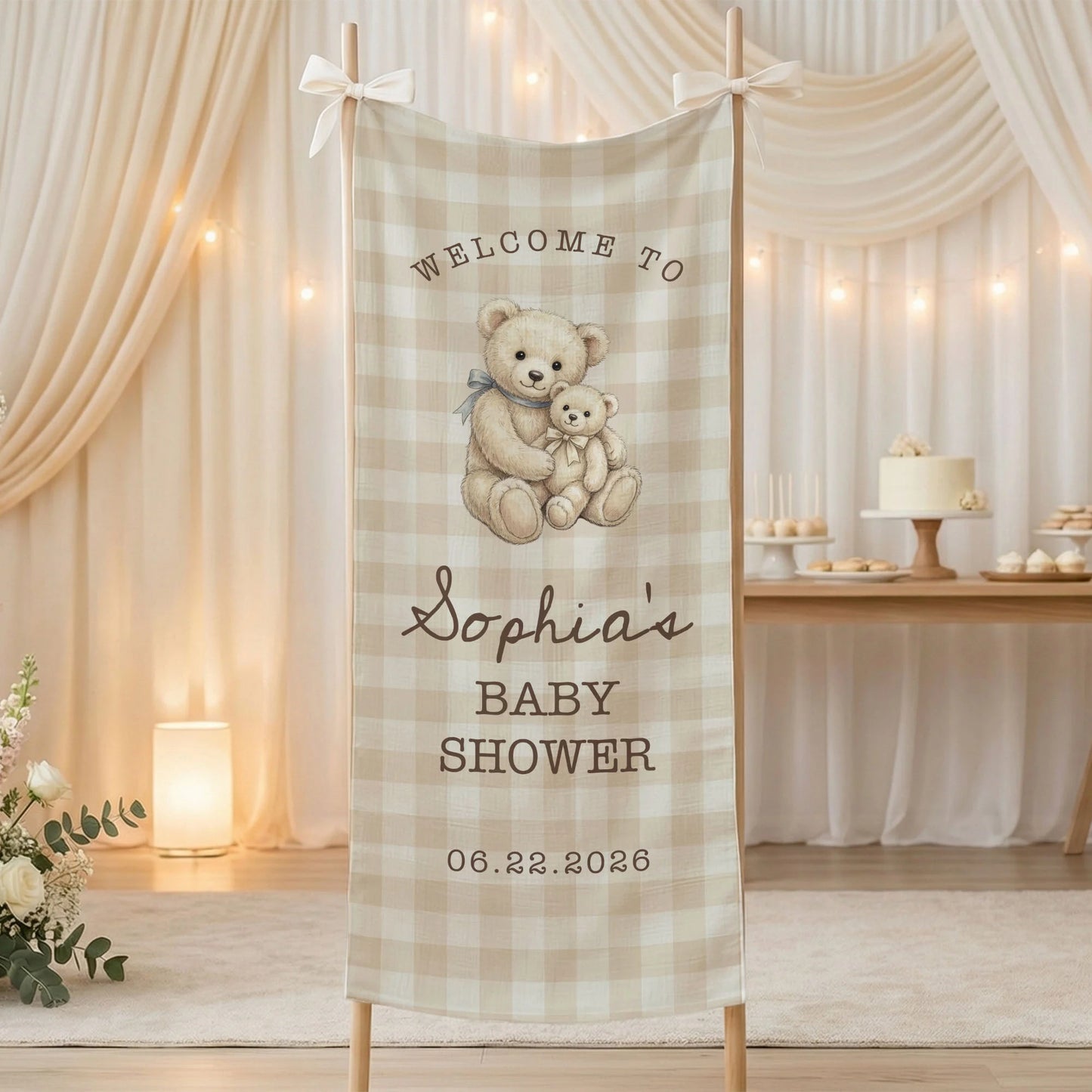 Teddy Bear Baby Shower Banner Personalized Baby Shower Tapestry Custom Name Neutral Baby Shower Backdrop