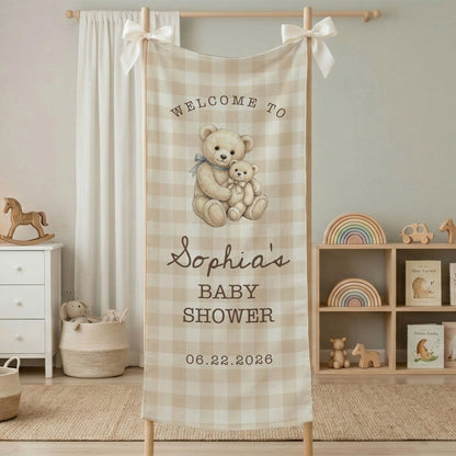 Teddy Bear Baby Shower Banner Personalized Baby Shower Tapestry Custom Name Neutral Baby Shower Backdrop