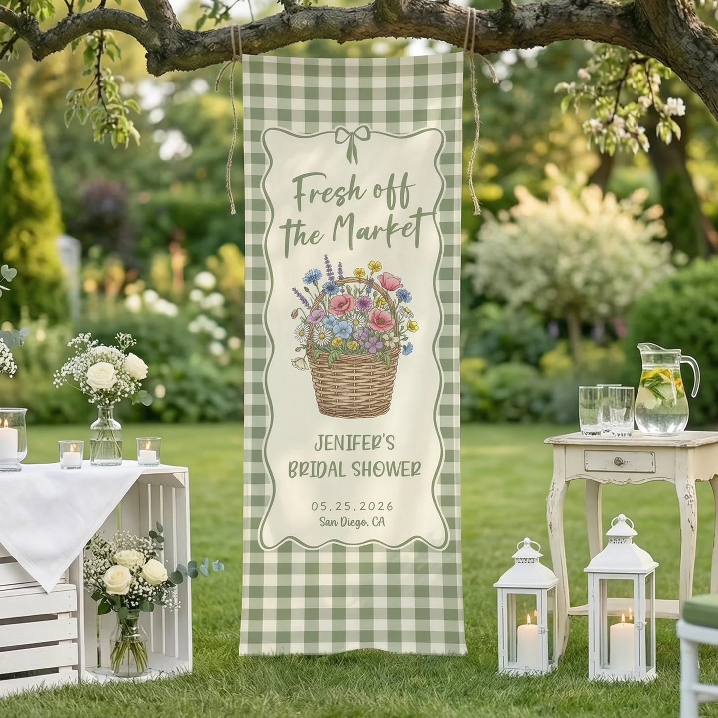 Farmers Market Bridal Shower Banner Personalized Floral Bridal Shower Welcome Banner Custom Name Linen Decor
