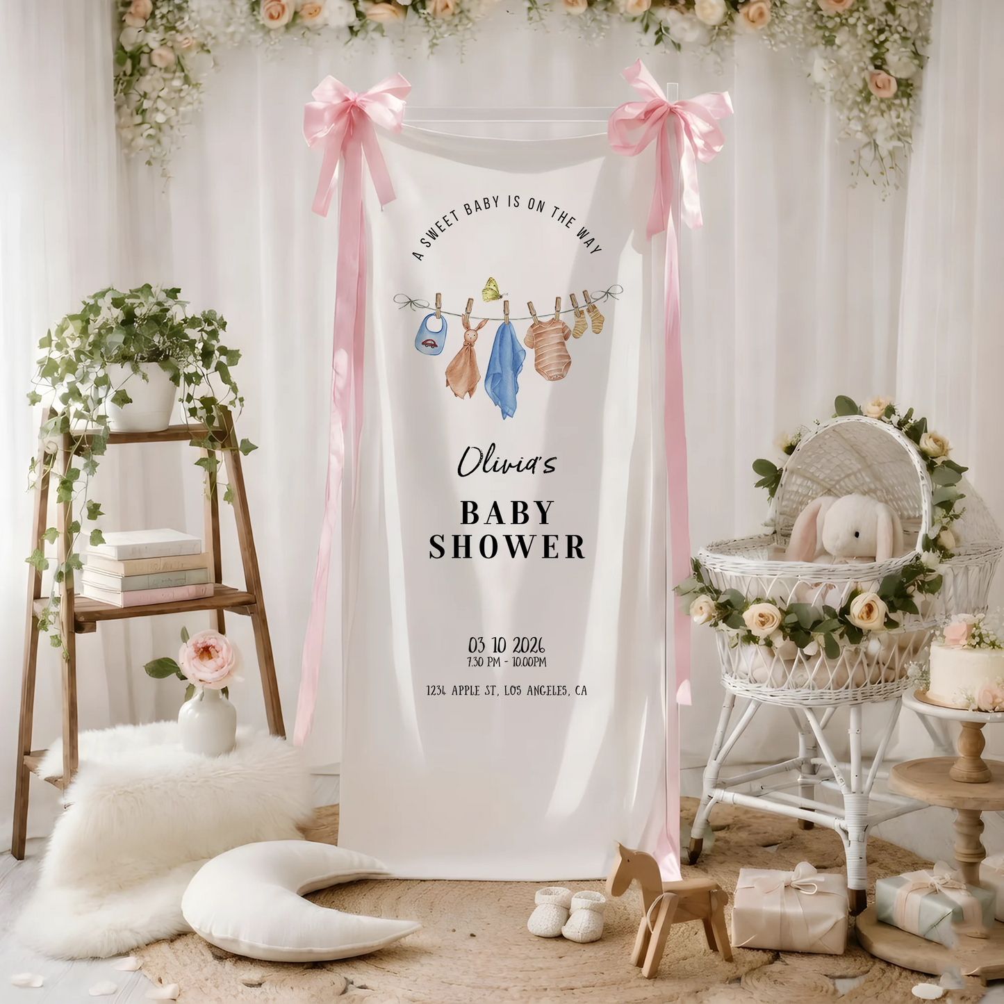 Floral Baby Shower Banner Stand Personalized Custom Name Hydrangea Baby Shower Welcome Sign Decor