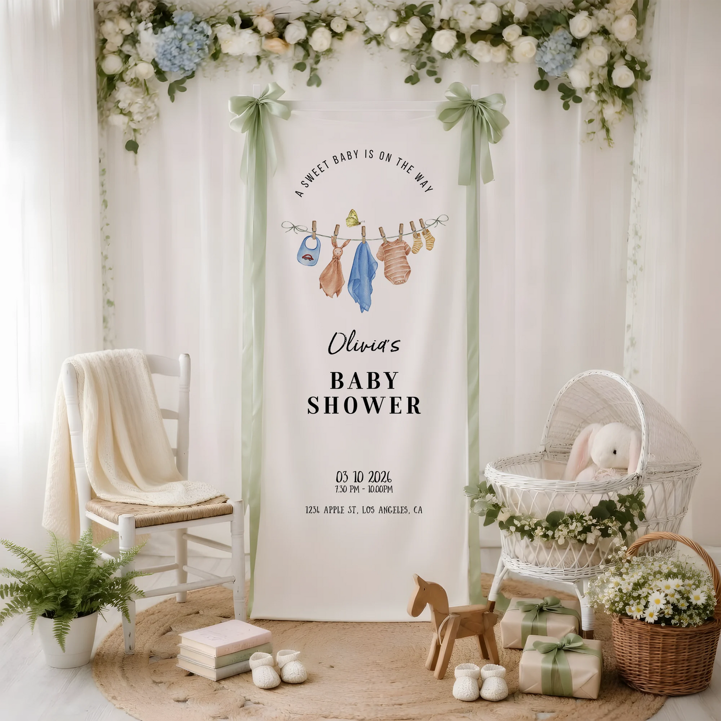 Floral Baby Shower Banner Stand Personalized Custom Name Hydrangea Baby Shower Welcome Sign Decor