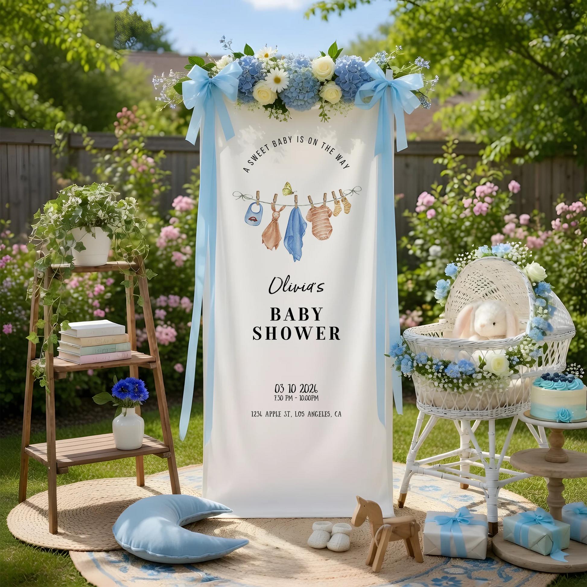 Floral Baby Shower Banner Stand Personalized Custom Name Hydrangea Baby Shower Welcome Sign Decor
