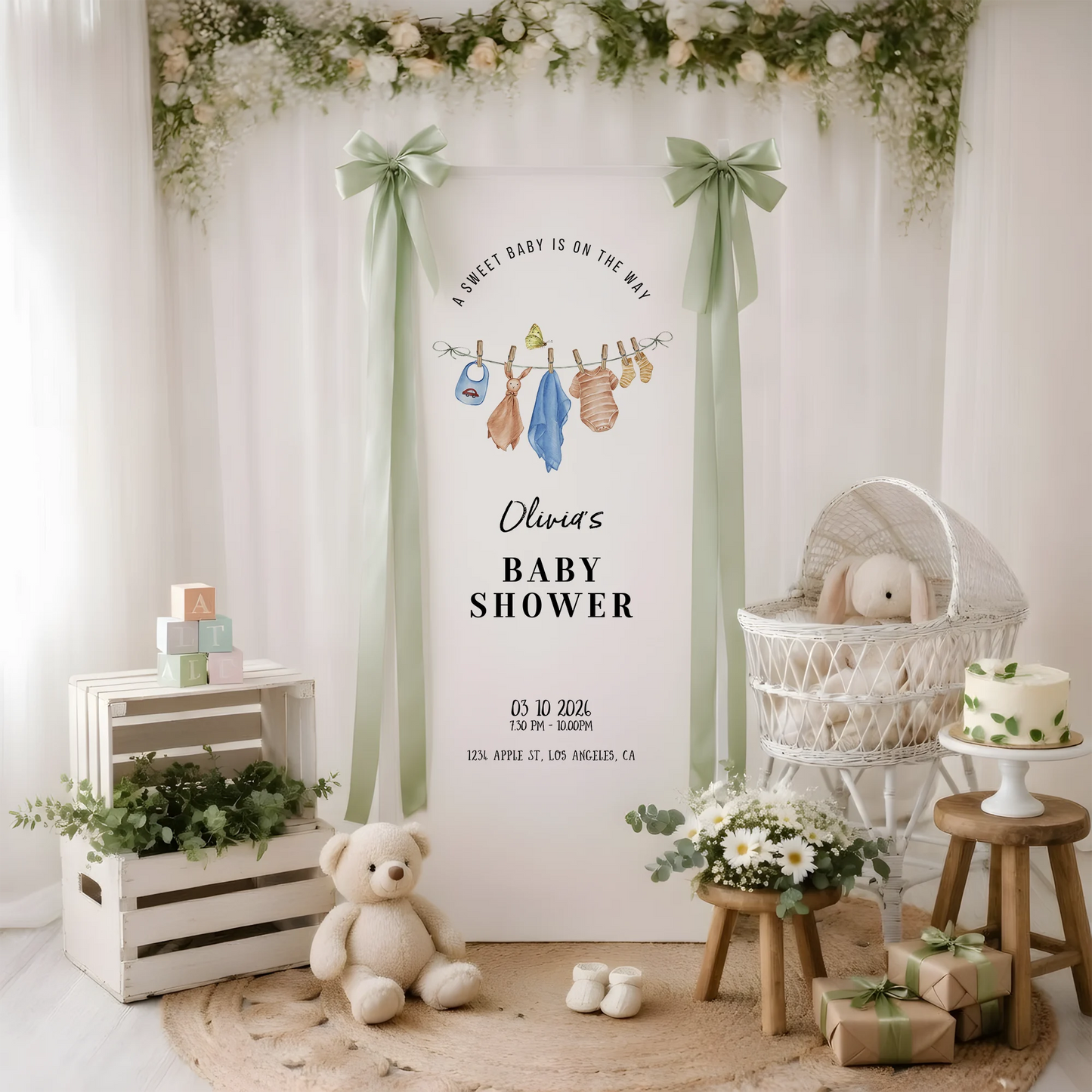 Floral Baby Shower Banner Stand Personalized Custom Name Hydrangea Baby Shower Welcome Sign Decor