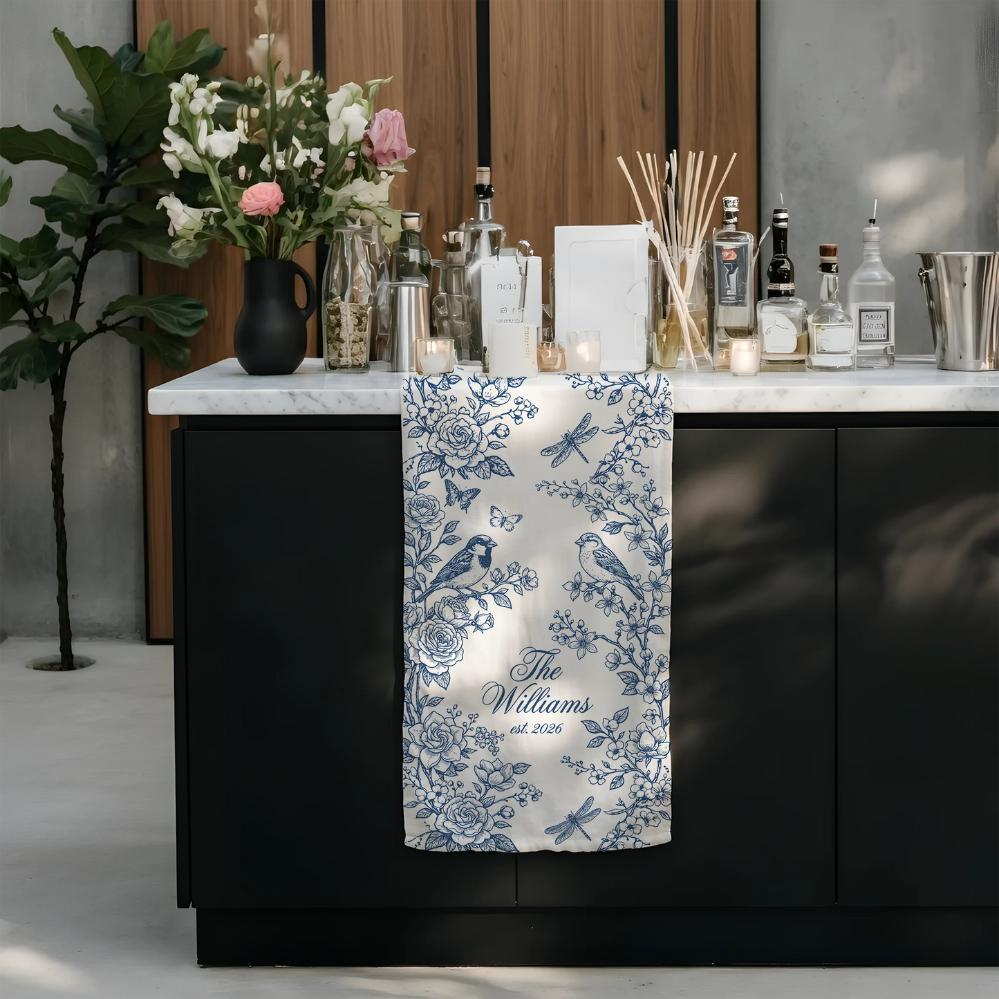 Personalized Wedding Table Runner Blue Floral Custom Family Name Reception Table Linen Runner
