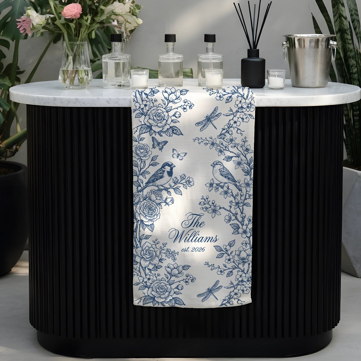 Personalized Wedding Table Runner Blue Floral Custom Family Name Reception Table Linen Runner