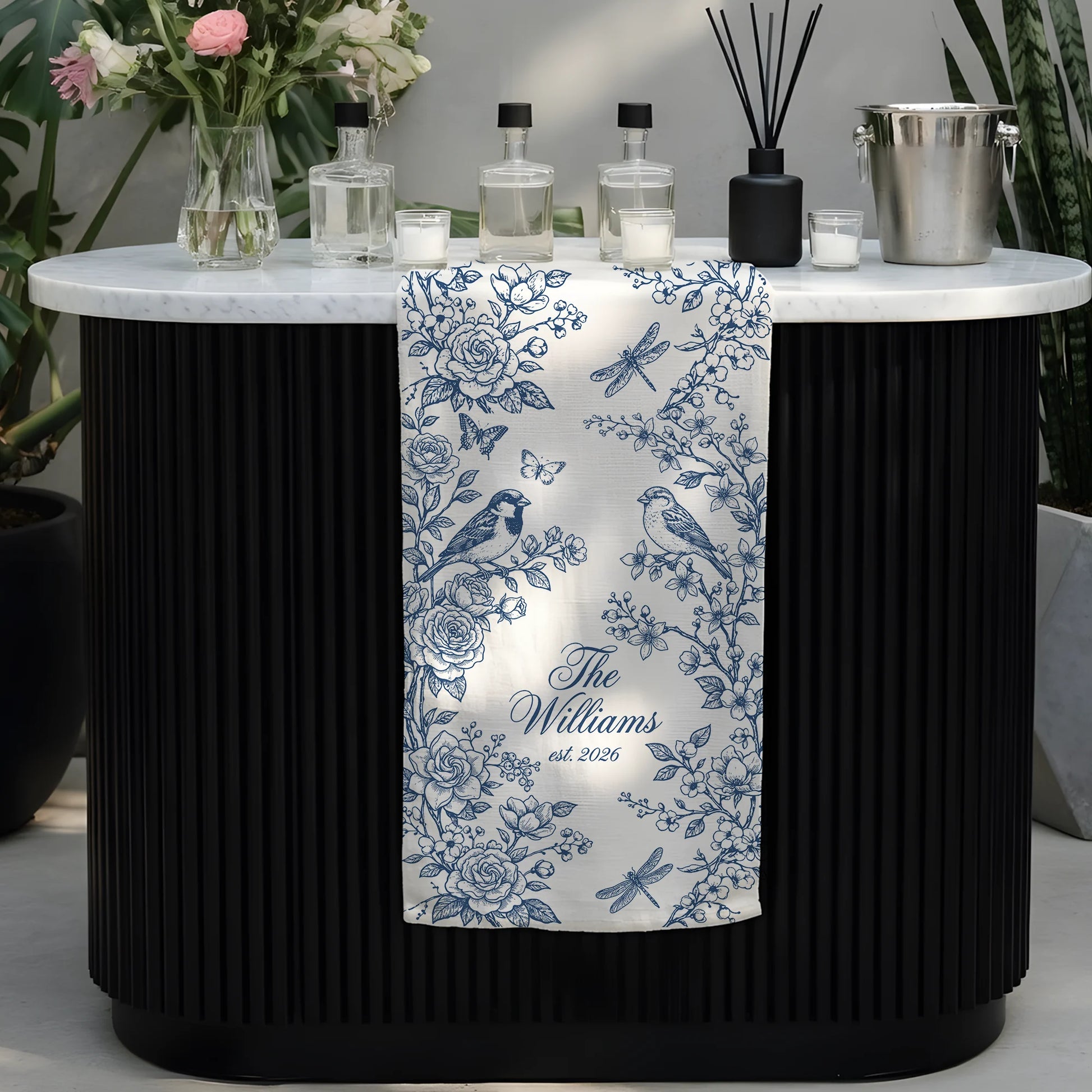 Personalized Wedding Table Runner Blue Floral Custom Family Name Reception Table Linen Runner