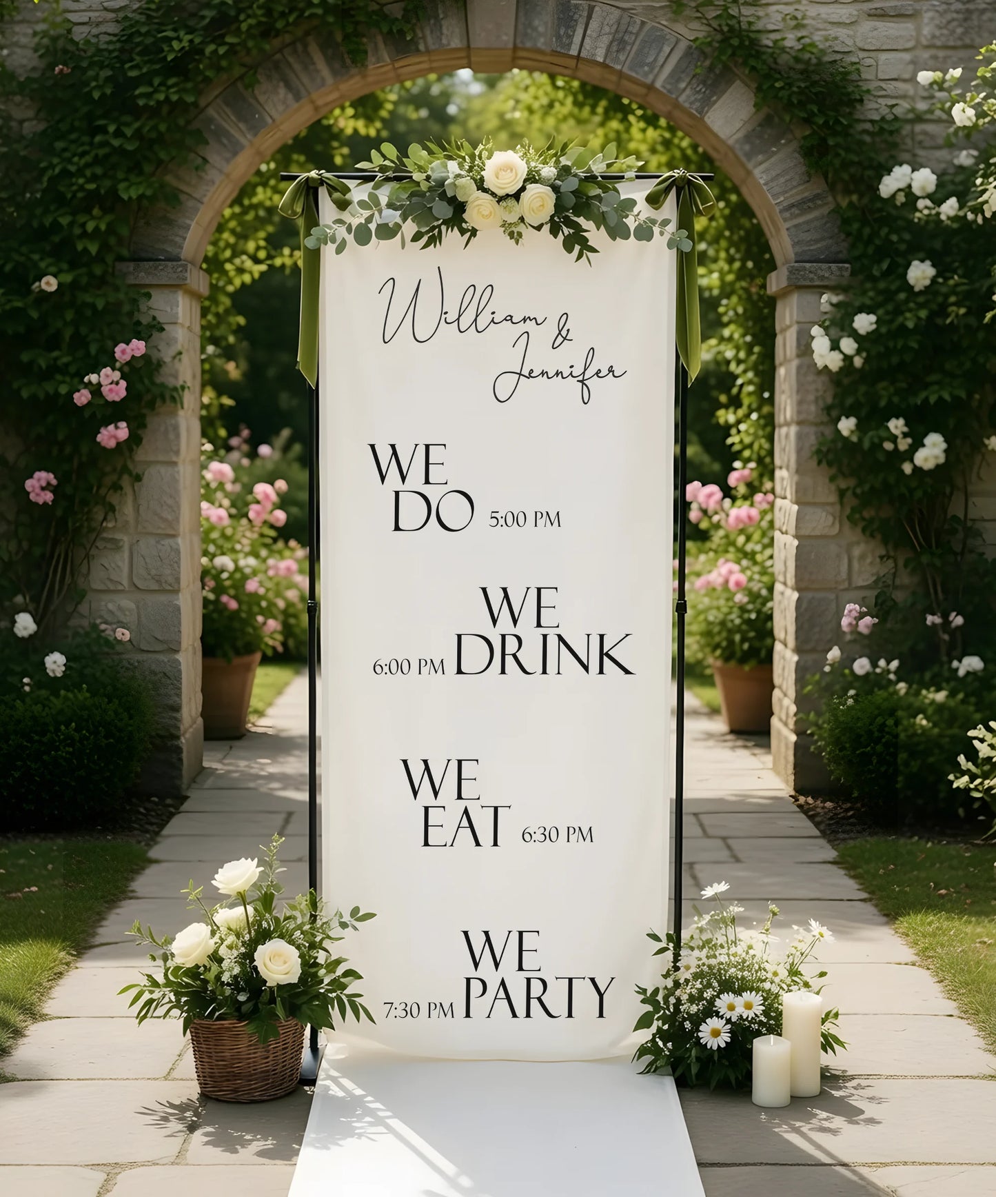 Minimalist Wedding Timeline Banner Personalized Linen Wedding Schedule Banner Custom Name Ceremony Sign