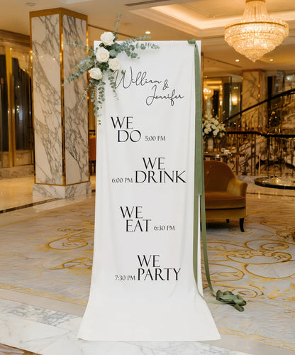 Minimalist Wedding Timeline Banner Personalized Linen Wedding Schedule Banner Custom Name Ceremony Sign