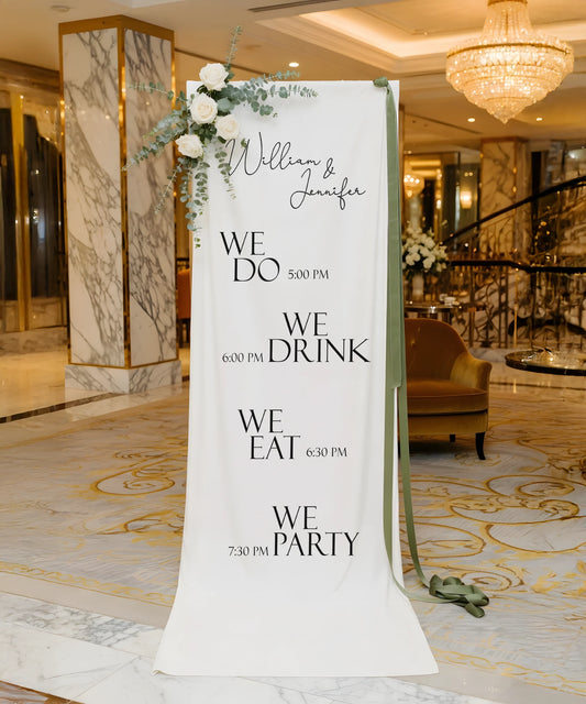 Minimalist Wedding Timeline Banner Personalized Linen Wedding Schedule Banner Custom Name Ceremony Sign