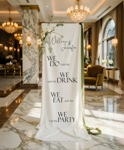 Minimalist Wedding Timeline Banner Personalized Linen Wedding Schedule Banner Custom Name Ceremony Sign